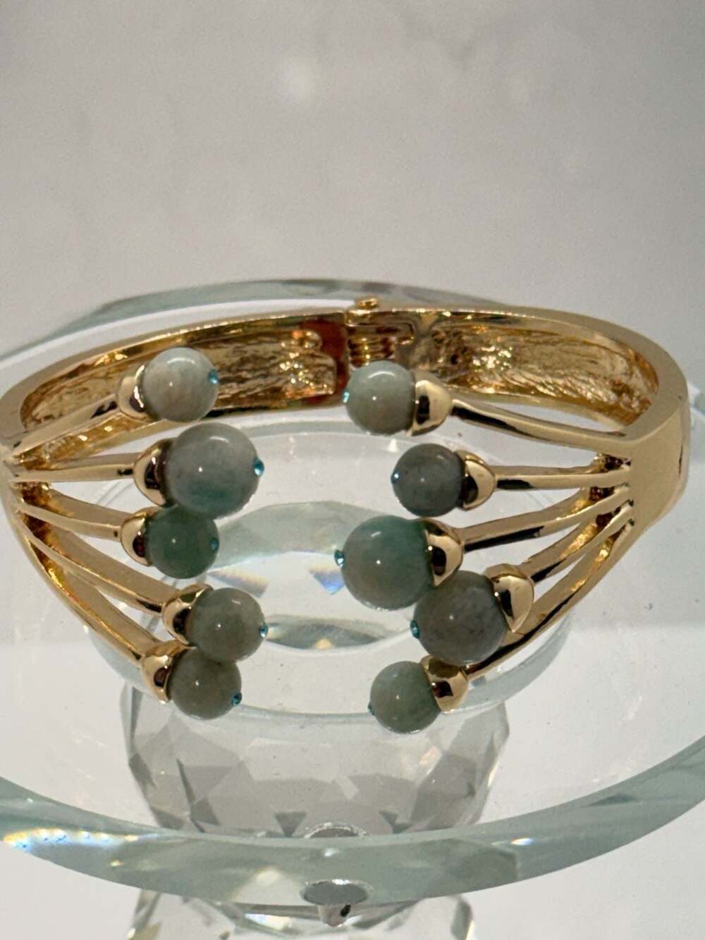 Boho Gold-Tone Beaded Statement Cuff • Seafoam Amazonite + Aqua Crystal